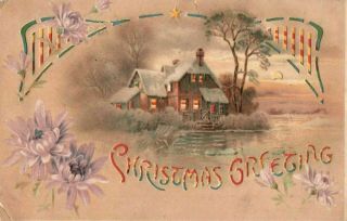 Christmas Postcard - Hold To The Light Greetings Lake House Snow Htl C862