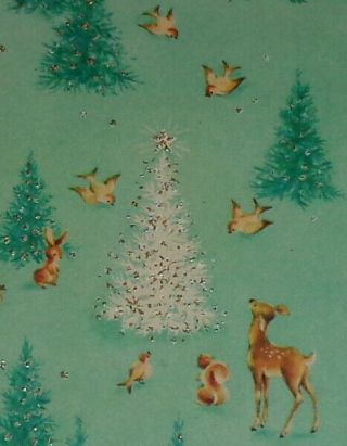 Vintage Christmas Card,  Cute Woodland Animals In Forest,  Deer Bunny,  8 "