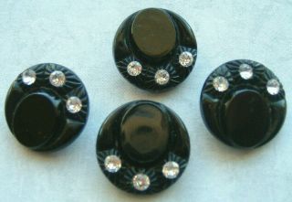4 Glamorous Glossy Vintage Black Glass Hat Buttons With Rhinestones In The Brim