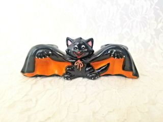 Vintage Lefton Halloween Black Cat Bat Figurine Double Taper Candle Holder