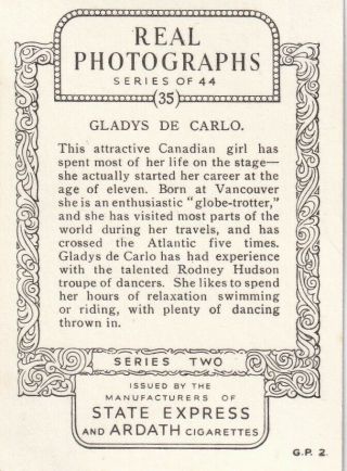 GLADYS DE CARLO - state express/ARDATH movie star PIN - UP/CHEESECAKE 1937 cig 2