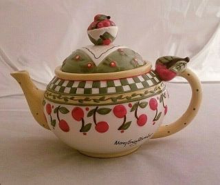 Mary Engelbreit Teapot Ceramic Cherries Polka Dot Me Ink Enesco Yellow Green Red