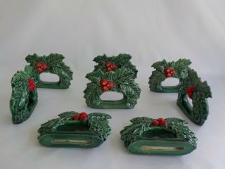 Christmas Green Holly Ceramic Hand Painted Napkin Ring Total 8 Leaf Red Berry
