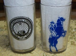 2 Juice Glass 1936 Texas Centennial Exposition Dallas Cowboy Horse Black Blue
