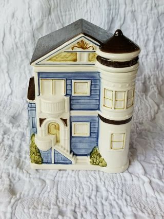 Vintage Otagiri Blue Victorian House Ceramic Cookie Jar Japan Ht.  11 " Excl Cond