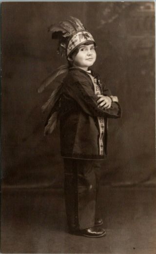 Rppc Studio Portrait Little Boy Posed In Indian Outfit With Feathers 749