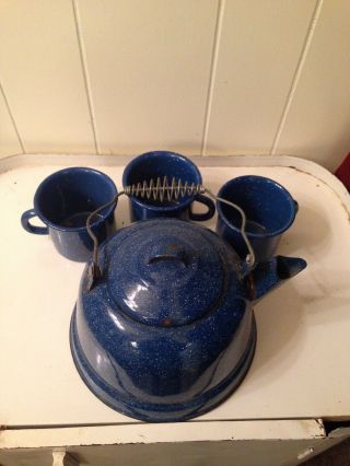 Vintage Enamelware Graniteware Blue Speckle Tea/coffee Pot With 3 Cups
