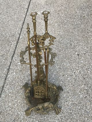 Vintage Brass Fireplace Tool Set Gun Hunting Dog Motif Poker Spade Tongs & Stand