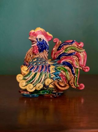 Splendid Rooster,  Taiwan Cochin Ceramic Figurine: Colorful,  Signed,  Lovely