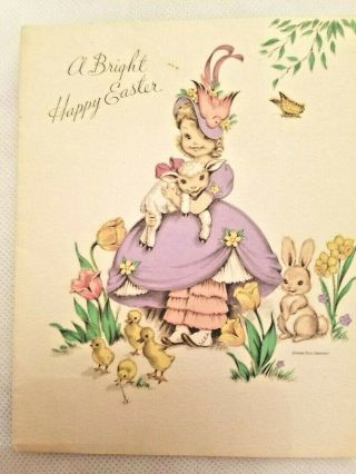 Vtg.  1940s Easter Card Little Girl In Purple Dress Pantaloons W/lamb,  Baby Chicks
