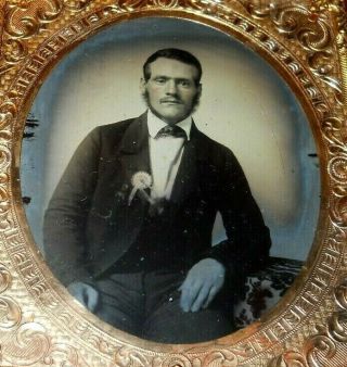 1/6th Size Ambrotype Of Handsome Young Man With A Ribbon Or Medal