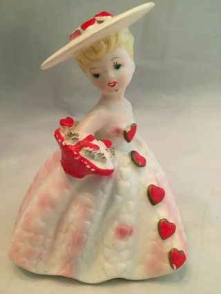 Lefton Valentine Girl With Hat Planter 1823 - Made In Japan 1963 - Southern Belle