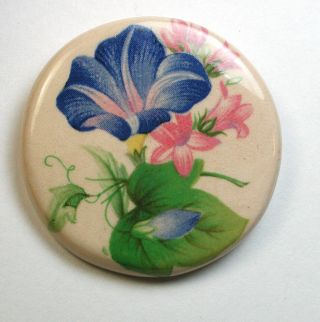 Lg Sz Vintage Studio Ceramic Button With Colorful Flowers Scene - 1 & 7/16 "