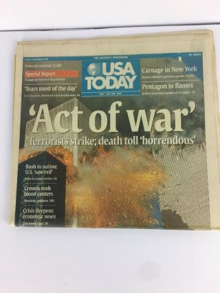 Usa Today Sept 12,  2001 9/11 Sept 11 Act Of War Full Print Newspaper