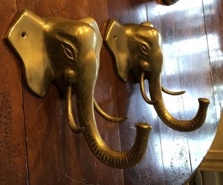 2 Vintage Solid Brass 9” Elephant W Tusks Coat Hat Keys Hanger Hook Wall Hanging
