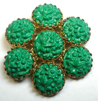 Lg Sz Vintage Brass Button Design W/ Green Glass Flower " Jewels " 1 & 3/8 "