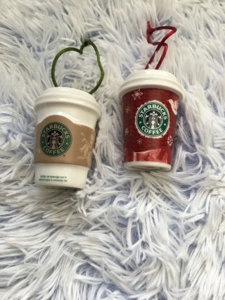 Starbucks 2008 Set Of Two Ceramic Mini To Go Cup Christmas Ornaments Red & White