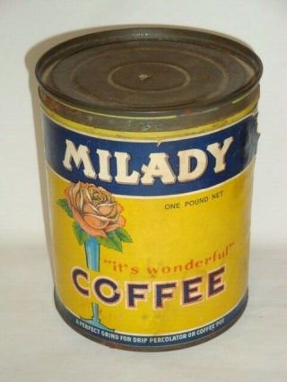 Old Paper Label Milady Brand Tall 1 Lb Keywind Advertising Coffee Tin Can