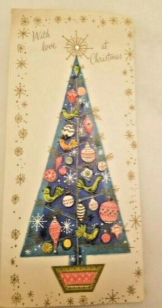 Vtg.  Hallmark Slim Jim 1950s Christmas Card Decorated Sparkle Glitter Tree W/gem