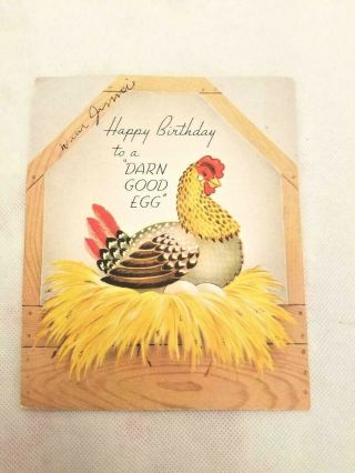 Vintage Birthday Card 1940s Anthropomorphic Chicken Hen Laying Hatching Eggs