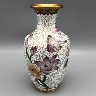 Vtg Jingfa Cloisonne Vase Magnolias And Butterfly White Base 7 "