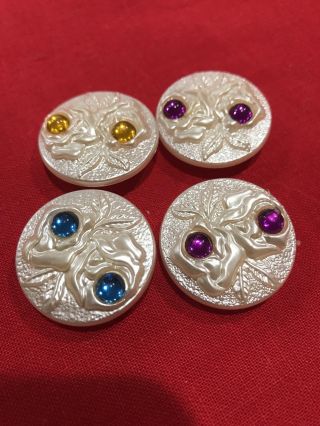 Vintage Celluloid Button Covers White Carved Roses Set Of 4