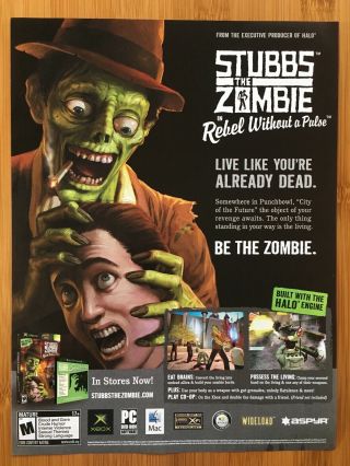 Stubbs The Zombie Xbox 360 2005 Vintage Poster Ad Pop Art Zombie Horror Rare Htf