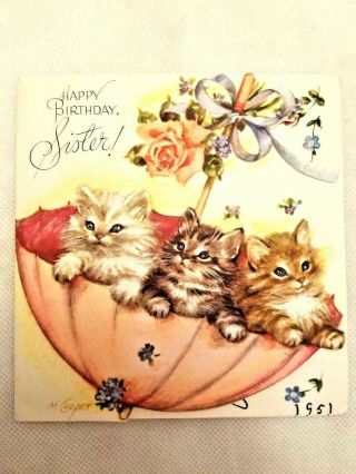 Vtg.  Birthday Card 1940s 1950s 3 Kitty Cat Kittens In Pink Umbrella