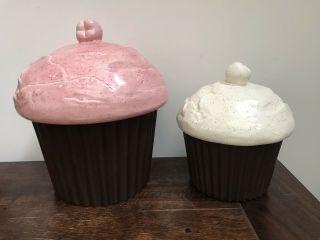 Vintage Ceramic Cupcake Cookie Jar Canister Set If 2 Strawberry And Vanilla