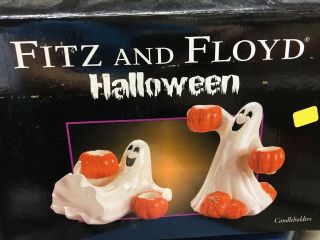 Fitz And Floyd Two Ghost Candle Holders With Pumpkins Halloween