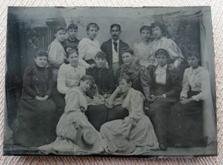 Tintype Photo Lucky Young Man Posing With A Large Group Of 13 Lovely Young Women