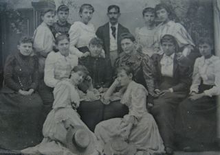 TINTYPE PHOTO LUCKY YOUNG MAN POSING WITH A LARGE GROUP OF 13 LOVELY YOUNG WOMEN 2
