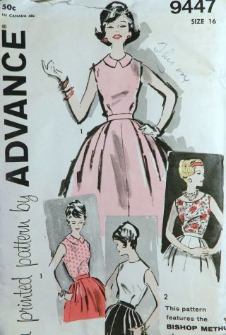 Vtg 1960s Advance 9447 Basic Full Skirt Blouse Dress Sewing Pattern 16