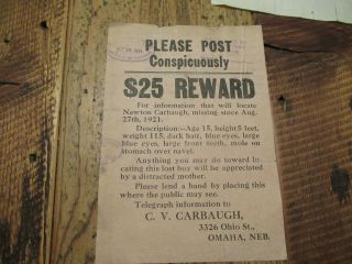 Vintage Wanted Poster $25 Reward Lost Boy 1921 Omaha Nebraska