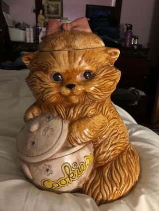 Vintage Treasure Craft Kitty Cat Cookie Jar.  " Caught With Your Paw In The Jar "