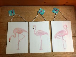 Nwt Momentum Set Of 3 Pink Flamingo Bird Wood Decorative Panels