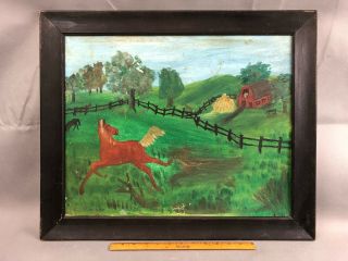 Vintage Early 20th C Primitive Folk Art Oil Painting Farm Horse