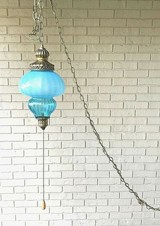 Vintage 1960 ' s Mid Century Modern Large Blue Glass Globe Hanging Light Swag Lamp 2