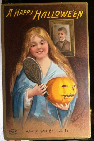 Mirror Girl,  Halloween Signed Ellen Clapsaddle Post Card 1909 Beer Advertising