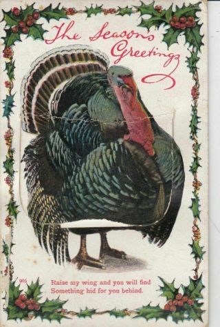 Novelty Mechanical Christmas Postcard - Turkey - Holly Pull - Out - With Scenes - C741