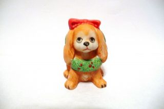 Thimble Bisque Enesco Dog,  Cocker Spaniel? W/christmas Wreath And Red Bow