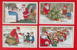 Vintage Santa Postcards (4) Series 55 - Red Suited Santas With Children
