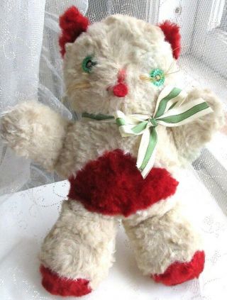 Little Vintage Stuffed Argyle Christmas Kitty Cat Plush Toy,  White Red Green