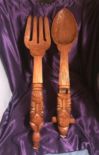 Vtg Large Thick Wood Carved Tiki Totem Handle Wooden Wall Fork & Spoon – 32”x6”