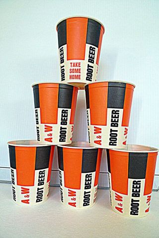 A & W Root Beer Paper Cups 6 Rare 16 Oz.  Classic Logo 1960 