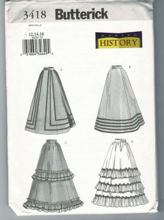 Butterick 3418 - Victorian Skirts Sewing Pattern - Sizes 12,  14 And 16 -