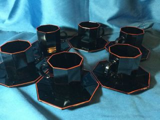 Set Of 6 Arcoroc France Octime Black With Red Rim Demitasse Cup Saucer Octagon
