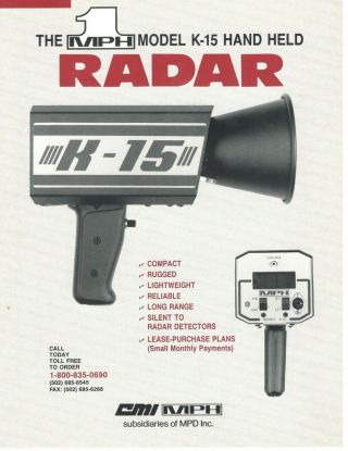 Vintage Mph Model K - 15 Hand Held Police Speed Radar Data Sheet Specification