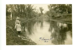 Rppc Little Girls Fishing In Big Sioux River Brookings,  South Dakota 1911