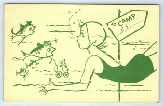 Vintage Comic Postcard Girl Scout Camp Butternut Springs Underwater Swimming